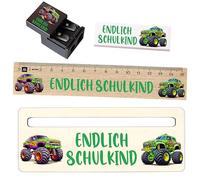 Set de escolarización para niños y niñas, regla, borrador, ayuda a la lectura, 3 tamaños (mini, estándar, premium), dinosaurio, unicornio, fútbol (Monster Truck, juego estándar)
