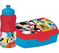 Tataway Set Disney de botella de 380 ml y sandwichería rojo para niños en plástico de Mickey Mouse con banda antideslizante y cierre de seguridad
