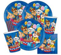 Set de fiesta - Paw Patrol - 36 piezas, platos de cartón, vasos, servilletas + 8 popotes de papel para cumpleaños infantil