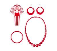 Set de Flamenca Rojo Rosa Peineta Collar Pulsera Pendientes para Feria Abril Sevilla Actuaciones Baile (Rojo)