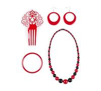 Set de Flamenca Rojo Rosa Peineta Collar Pulsera Pendientes para Feria Abril Sevilla Actuaciones Baile (Rojo negro)
