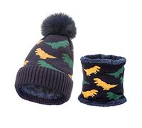 Set de Gorro Y Bufanda para Niños Conjunto de Invierno Dos Piezas para Niñas Caliente Jacquard de Punto Gorro con Bufanda Térmico Niño Tiempo Frío Sets de Accesorios Dinosaurio Azul