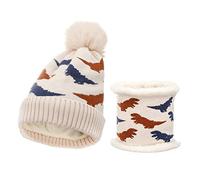 Set de Gorro Y Bufanda para Niños Conjunto de Invierno Dos Piezas para Niñas Caliente Jacquard de Punto Gorro con Bufanda Térmico Niño Tiempo Frío Sets de Accesorios Dinosaurio Beige