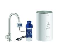 Set de grifos de agua estancada Grohe Red Mono, 153mm de alcance, caños C, con caldera Grohe Red tamaño M, 30085DC1, Color: súper acero