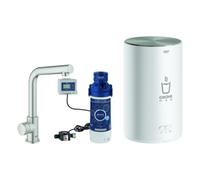 Set de grifos de agua estancada Grohe Red Mono, alcance 153mm, caños en forma de L, con caldera Grohe Red tamaño M, 30339DC1, Color: súper acero