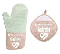 Set de Guantes de Horno Personalizados, Guantes de Horno Individuales con tu Texto, Regalo para cumpleaños, día de la Madre y de la Abuela, Guantes de Horno de Cocina, Guante de Silicona (Menta)