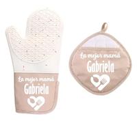 Set de Guantes de Horno Personalizados, Guantes de Horno Individuales con tu Texto, Regalo para cumpleaños, día de la Madre y de la Abuela, Guantes de Horno de Cocina, Guante de Silicona (Beige)