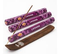 Set de Incienso Natural Lavanda con portaincienso de Madera, Varillas de Incienso aromático Relajante para meditación, Yoga y Limpieza energética, Hecho en la India