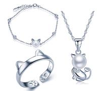 Set de joyas Yumilok de plata de ley 925, con cadena con colgante de gato, perla de 8 mm y circonitas, pulsera de cadena con adorno y anillo, para mujeres y niñas