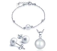 Set de joyas Yumilok de plata de ley 925, con colgante de perla, pulsera de cadena con adorno y pendientes de perlas, para mujeres y niñas