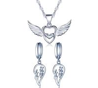 Set de joyas Yumilok de plata de ley 925 y circonitas, cadena con colgante de dos corazones y pendientes de alas de ángel, para mujer