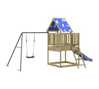 Set de juego de exterior de madera de pino impregnada | Plataforma 90 cm, tobogán ondulado, columpio individual, arenero, escalera, techo nubes, barandillas sizza, uso exterior