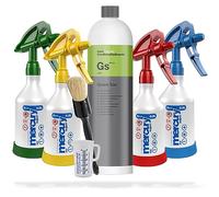 Set de Kwazar con 4 pulverizadores Mercury Super Pro (Viton de 360 grados y 0,5 litros), limpiador universal Green Star de Koch Chemie (1 litro), cepillo grande de ValetPRO n.º 16 en negro y vaso medidor de Detailmate (50 ml)