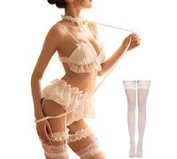 Set de lencería sexy para mujer de cosplay con volantes, estilo baby doll, teddy, sujetador y braguita, con collar, blanco, talla única