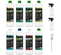 Set de limpieza BiOHY Combi con dispensador y 2 botellas de vidrio con pulverizador de 500 ml (8 x 1 L) : todas las aplicaciones : limpiadores 100% veganos sin microplásticos.