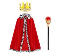 Set de maquillaje de 3 piezas de Rey y Reina con corona de tela dorada y cetro rojo dorado de 90 cm capa roja infantil ideal para halloween pascua navidad carnaval disfraz espectáculos juego de rol