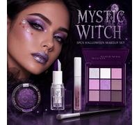 Set de maquillaje de bruja de Halloween de 5 piezas, paleta de de ojos moradas de 9 colores, y plateado, labial malva, iluminador y brocha de maquillaje