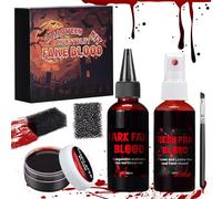 Set de maquillaje de sangre falsa para Halloween, 60ml de sangre falsa en spray + 60ml de sangre falsa goteante + 30ml de plasma sanguíneo coagulado + 2 esponjas + 1 pincel de maquillaje, sangre falsa