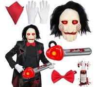 Set de Máscara de Halloween Saw Jigsaw con Accesorios de Látex de Terror con Luces, Guantes, Corbata, Pañuelo, Spray de Sangre Falsa, Sierra Inflable, Disfraz de Carnaval de Halloween, Cosplay Unisex
