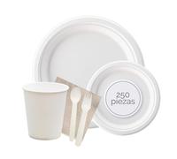 Set de menaje 250 piezas reutilizables, 50 platos llanos, 50 platos de postre, 50 cucharas, 50 tenedores, 50 vasos y 80 servilletas pack ideal para celebraciones, cumpleaños, navidad