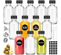 Set de Mini Botella Cristal con 12 Botellitas de 60 ml con Tap 3 Embudos Acero Inoxidable+Etiquetas, Bolígrafo y Cepillo, Botes Pequeñas Rellenar Reutilizables para Jugos, Aceites, Licores y Salsas