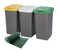 Set de Papelera de reciclaje con 3 compartimentos, 75 litros en total, dimensiones 79x33x48 cm, más rollo de bolsas de basura adecuados a cada depósito