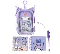 Set de Papelería Kuromi Hello Kitty para Niña y Niño - Estuche Peluche Morado con Clip, Libreta Mini, Bolígrafo y Pegatinas, Licencia Oficial, Ideal Vuelta al Cole y Regalo