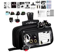 Set de papelería para gatos, estuche negro con cremallera, grande | Estuche para lápices de borrar, reglas, notas, escuela primaria, casa, viajes, dibujo