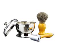 Set de pelo de tejón sintético con cartucho triple borde amarillo, colección de acero inoxidable y jabón para hombre
