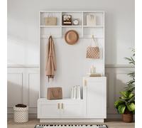 Set de perchero con banco y zapatero, banco de almacenamiento multifuncional con 3 ganchos colgantes y espacio abierto, almacenamiento y estanterías rectangulares para recibidor, Blanco, H200/B120/P40