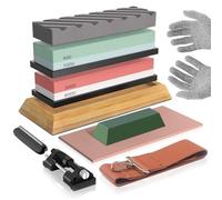 Set de Piedras de Afilar Profesional 12 en 1 para Cuchillos con Granos 400/1000/3000/8000, Incluye Base de Bambú Antideslizante, Piedra de Aplanamiento y Guía de Ángulo