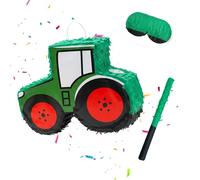 Set de piñata Relaxdays, 3 piezas, tractor, para colgar, verde oscuro/rojo | niños y niñas, palo y máscara