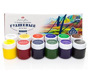 Set de pintura de gouache profesional - Tarros de 12 x 40 ml - Pintura gouache extrafina, clase magistral - Colores de alta calidad - Nevskaya Palitra