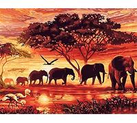 Set de pintura diamante, cuadro con motivo de elefantes en la sabana y accesorios, tamaño aprox. 44 x 33 cm, set de manualidades para pintar con piedras brillantes para niños a partir de 5 años
