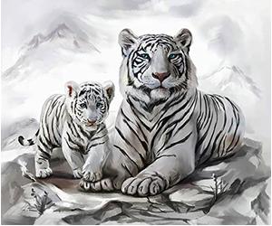 Set de pintura diamante, cuadro con motivo de mamá tigre blanca con cachorro y accesorios, tamaño aprox. 35 x 25 cm, set de manualidades para pintar con piedras brillantes para niños