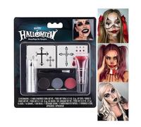 Set de pintura facial de 8 piezas, kit de maquillaje de vampiro para Halloween, set de pintura con paleta de sombras de ojos, pegatinas de gemas, gel de sangre falsa, pintalabios negro y pincel
