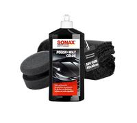 Set de pulido de coche | Sonax Polish & Wax Color Negro 500ml Autopolitur + Esponja de pulido + Paño de pulido | Pasta de pulido para lacas metálicas oscuras para eliminar arañazos pequeños | Kit de