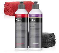 Set de pulido detailmate Koch Chemie: pulidor abrasivo Heavy Cut, 250 ml + pulidor Micro Cut & Finish de Koch Chemie con cera de carnauba + 2 paños de microfibra detailmate, 40 x 40 cm, 550 g/m²