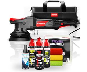 Set de pulido Menzerna para auto | Pulidora excéntrica MZ-XR con plato de apoyo de 125mm + 3 x 100ml de pulidor + paños de pulido + sellado en aerosol | Carrera de 15mm 720W