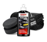Set de pulido para coche | Sonax pulido y cera Color Negro 250ml Autopolitur + esponja de pulido + paño de pulido | Pasta de pulido para lacas metálicas oscuras para eliminar arañazos pequeños | Kit