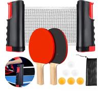 Set de Raquetas de Ping Pong con Función Telescópica,Set de Ping Pong Portátil,Incluye 2 Raquetas,6 Pelotas,Red Retráctil y Bolsa Transporte,Ideal para Juegos en Interiores y Exteriores