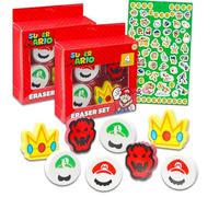 Set de Recuerdos de Fiesta de Super Mario Bros - Paquete con 8 Borradores de Super Mario con Mario, Luigi, Bowser, Princesa Peach Más Pegatinas de Mario | Kit de Suministros de Fiesta de Mario para