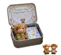 Set de regalo "Abrazo de bolsillo": Vaca Highland - Mini peluche de vaca Highland con caja metálica y tarjeta de mensaje; regalo de apoyo emocional y alivio de la ansiedad; obsequio de ánimo (A)