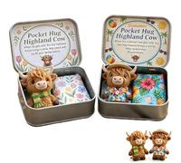 Set de regalo "Abrazo de bolsillo": Vaca Highland - Mini peluche de vaca Highland con caja metálica y tarjeta de mensaje; regalo de apoyo emocional y alivio de la ansiedad; obsequio de ánimo B)