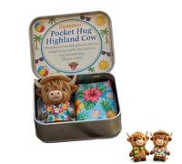 Set de regalo "Abrazo de bolsillo": Vaca Highland - Mini peluche de vaca Highland con caja metálica y tarjeta de mensaje; regalo de apoyo emocional y alivio de la ansiedad; obsequio de ánimo (B)
