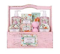 Set de Regalo accentra Set de Baño y Ducha Floral Vintage con Fragancia de Rosa Silvestre - Set de regalo de 8 piezas en cesta de madera decorativa de aspecto desgastado
