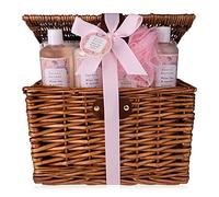 set de regalo de accentra SECRET GARDEN en cesta de mimbre para picnic, set de baño y ducha con fragancia de Té Blanco y Albaricoque, set de regalo de 6 piezas en preciosa cesta de mimbre