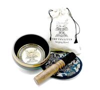 Set de Regalo de Cuenco Tibetano Batido y Grabado a Mano 14 cm Flor de Loto con Mazo, Tapete Bordado y Bolsa de Algodón Orgánico para Meditación, Yoga, Reiki, Sanación con Frecuencias