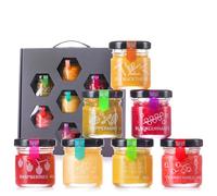 Set de regalo de miel QHoney - 7 mini tarros de 40 g en set de muestra - Miel natural con 7 sabores - Regalo para Navidad y cumpleaños - Sin azúcar, con ingredientes naturales