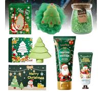 Set de regalo de sales de baño de Navidad, 7 unidades, hecho a mano, bola de sal de baño, sales de baño, loción corporal, crema de manos, esponja exfoliante, tarjeta de felicitación y bolsa de regalo